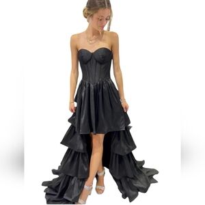 Black Satin Strapless Corset Short High/Low  Dress w Ruffle Long Flowy T…